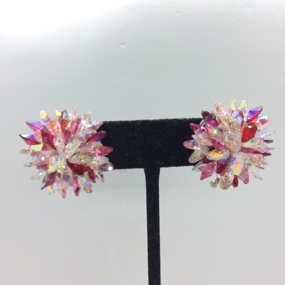 VINTAGE VENDOME SILVER TONE RED CLEAR AB CRYSTAL STARBUST CLIPON EARRINGS - Picture 14 of 14